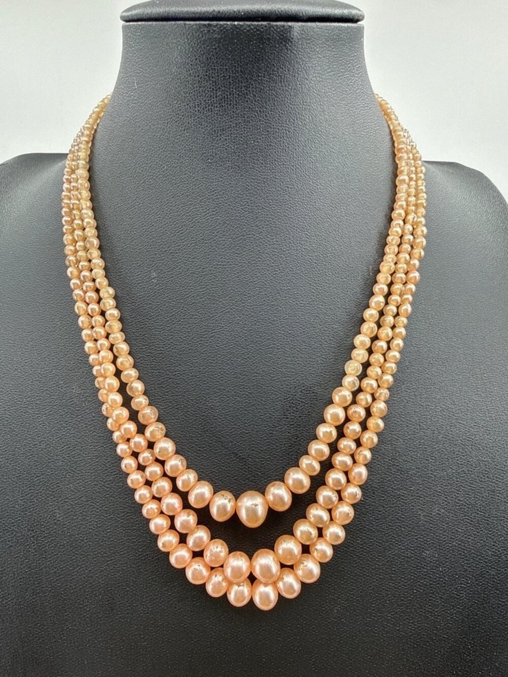 Vintage Triple Strand Pink Pearl Statement Necklace Graduated Layered Coquette